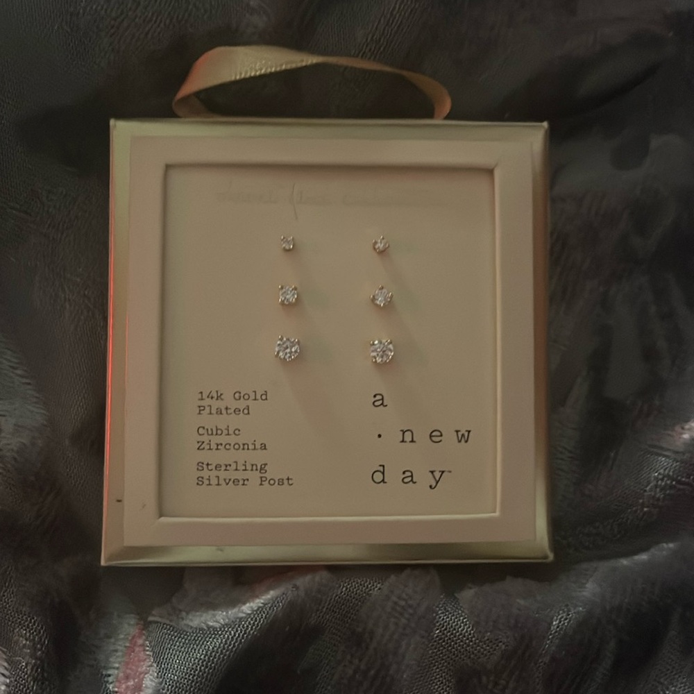 14 k Gold Plated Cubic Zirconia Earrings 3 Pairs